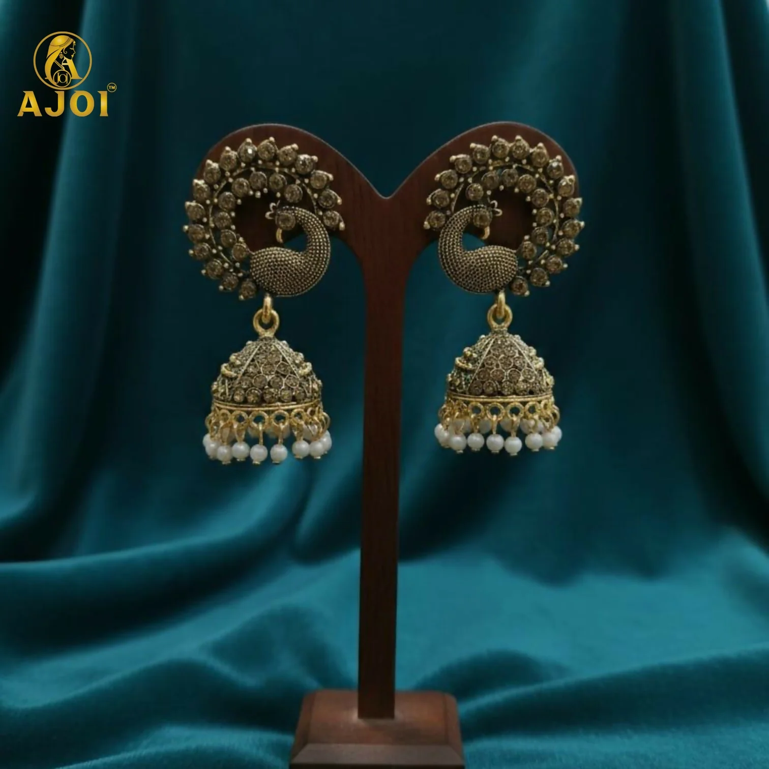 Antique Grey Peacock Design Jhumka Earrings - Image 3