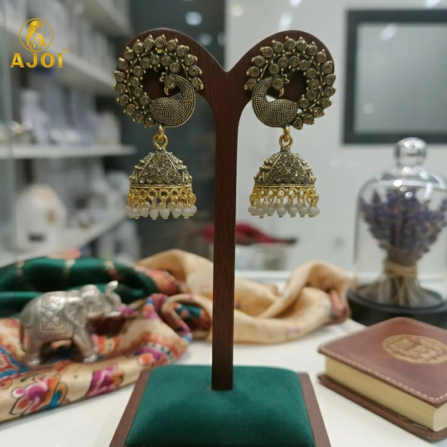 Antique Grey Peacock Design Jhumka Earrings - Image 4