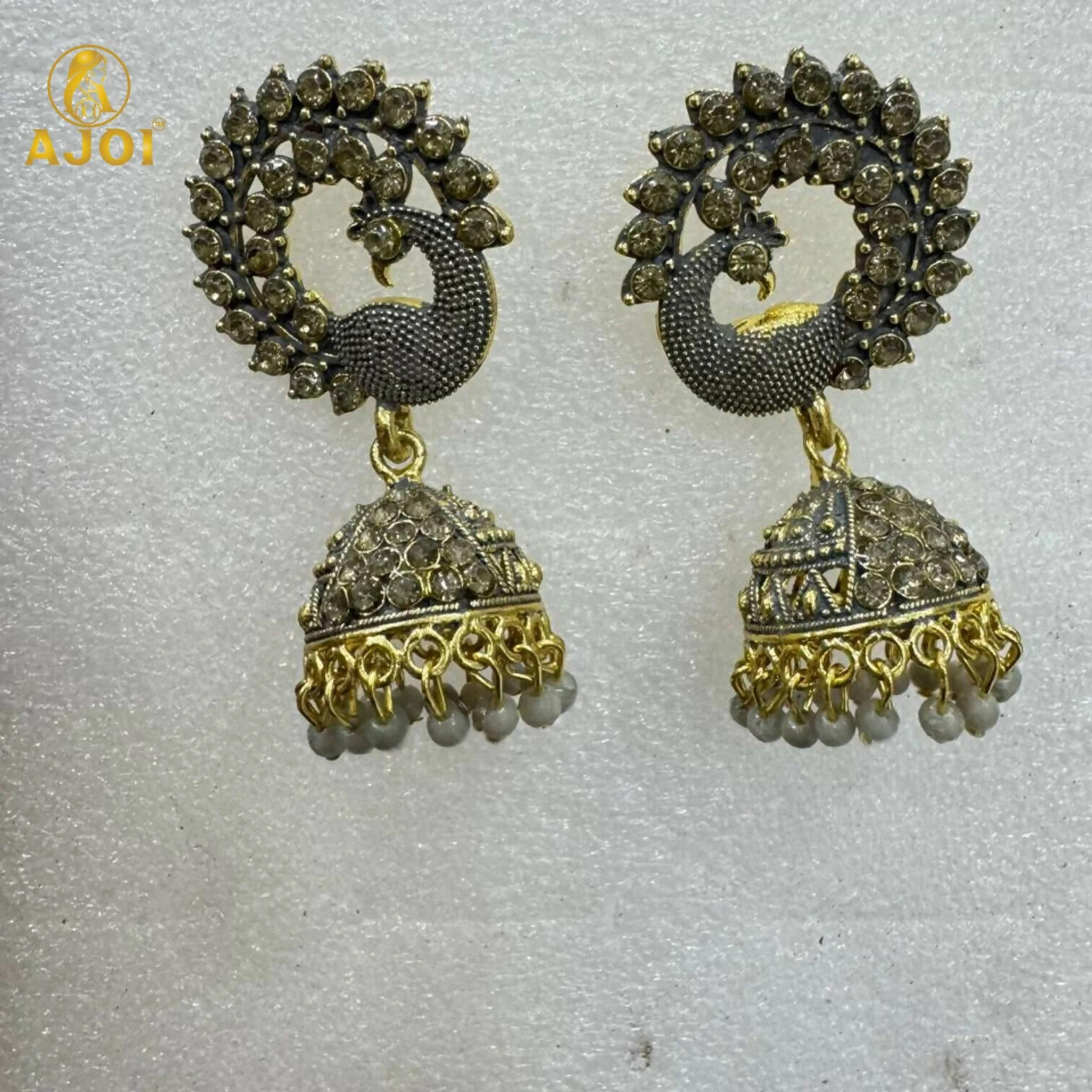 Antique Grey Peacock Design Jhumka Earrings - Image 5