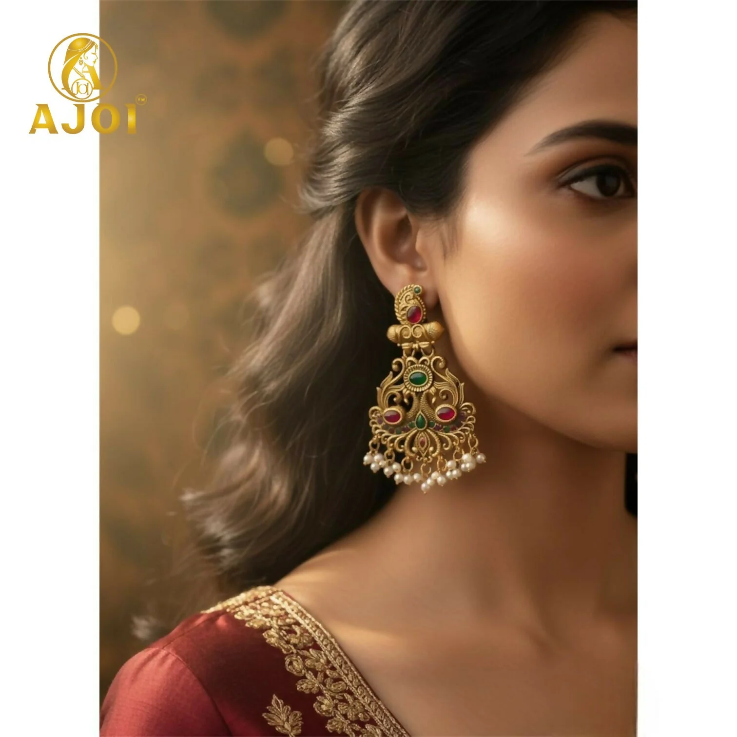 Antique Matte Gold Temple Earrings with Red-Green Stone Work & Pearl Drops | Traditional South Indian Bridal Jewelry. - Image 2