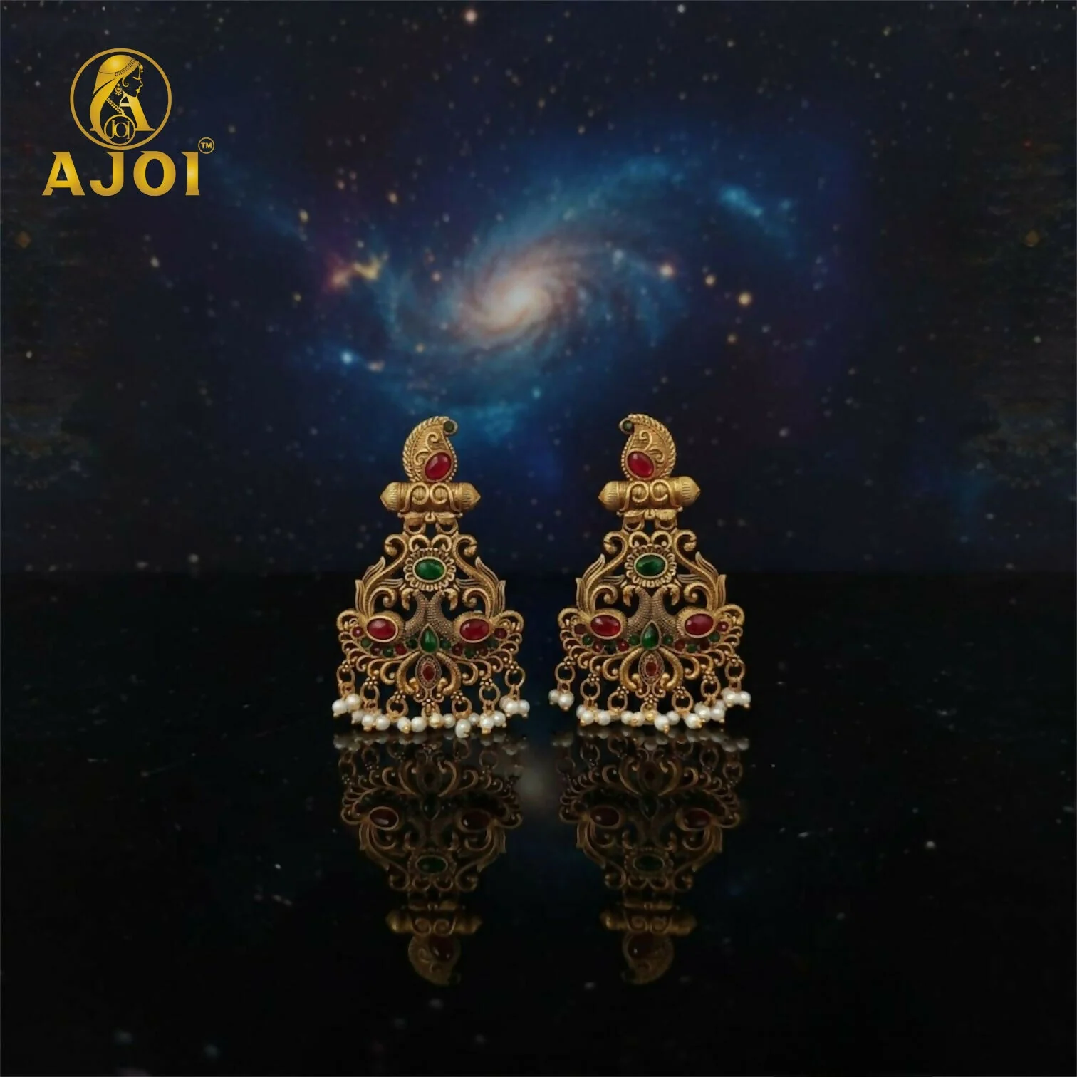Antique Matte Gold Temple Earrings with Red-Green Stone Work & Pearl Drops | Traditional South Indian Bridal Jewelry. - Image 3