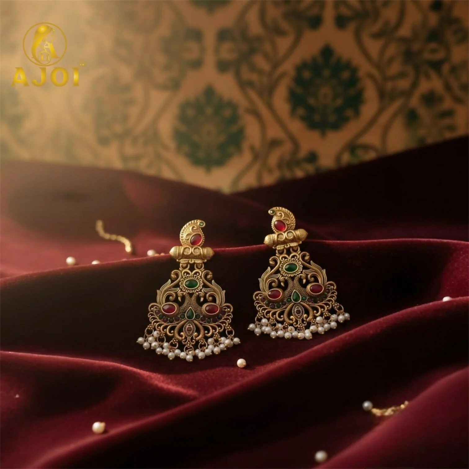 Antique Matte Gold Temple Earrings with Red-Green Stone Work & Pearl Drops | Traditional South Indian Bridal Jewelry. - Image 4