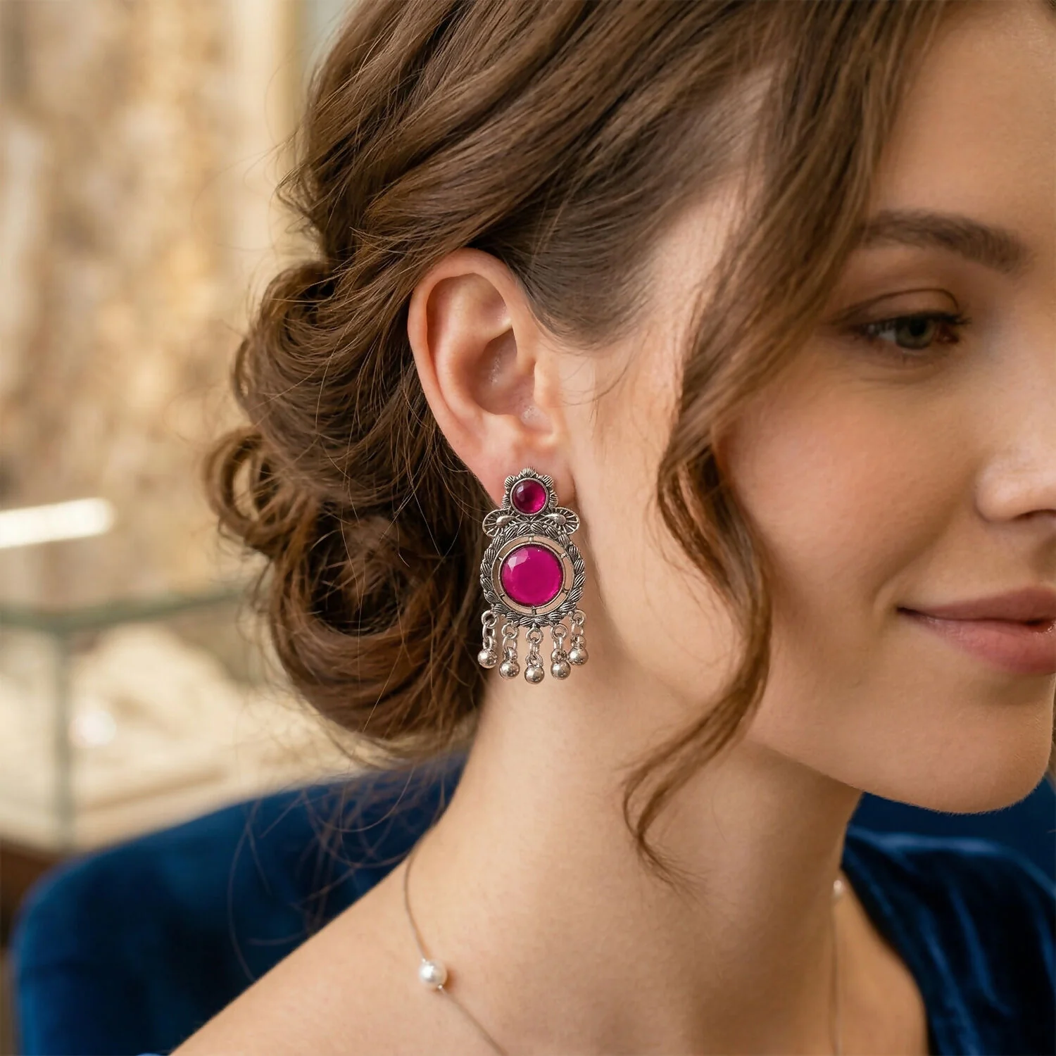 Antique Oxidized Silver Jhumka Earrings with Magenta Pink Stones and Silver Ghungroo Beads - Image 2