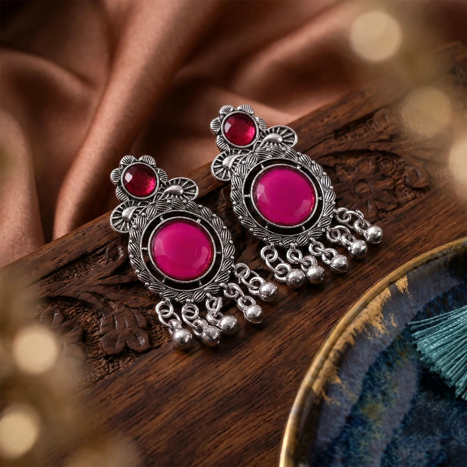Antique Oxidized Silver Jhumka Earrings with Magenta Pink Stones and Silver Ghungroo Beads - Image 3