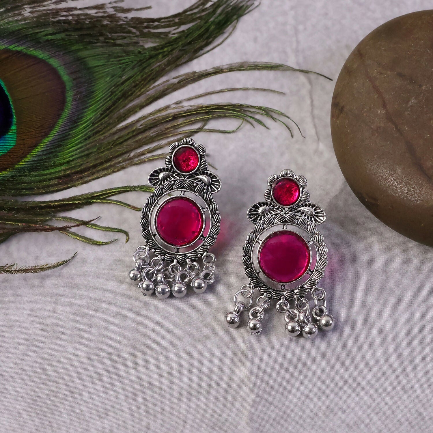 Antique Oxidized Silver Jhumka Earrings with Magenta Pink Stones and Silver Ghungroo Beads - Image 4