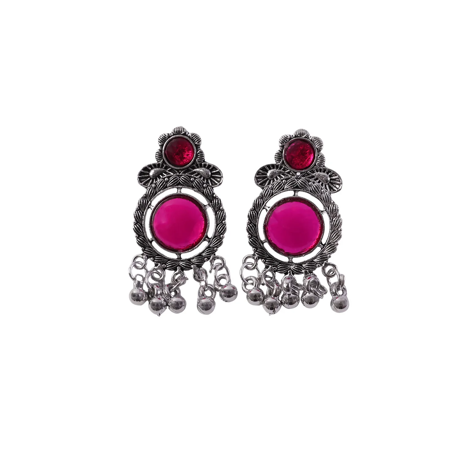 Antique Oxidized Silver Jhumka Earrings with Magenta Pink Stones and Silver Ghungroo Beads - Image 5