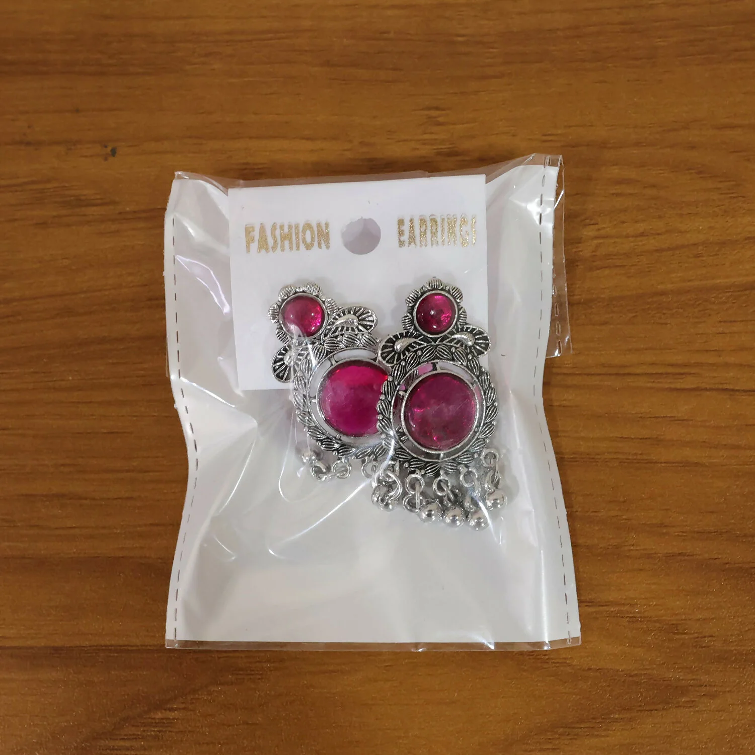 Antique Oxidized Silver Jhumka Earrings with Magenta Pink Stones and Silver Ghungroo Beads - Image 6