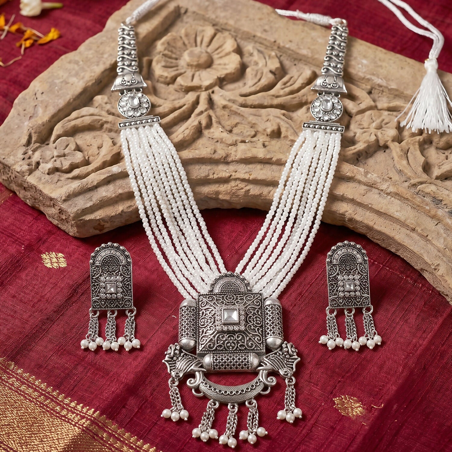Antique Silver Beaded Necklace Set with Dangling Earrings for Traditional Celebrations - Image 2
