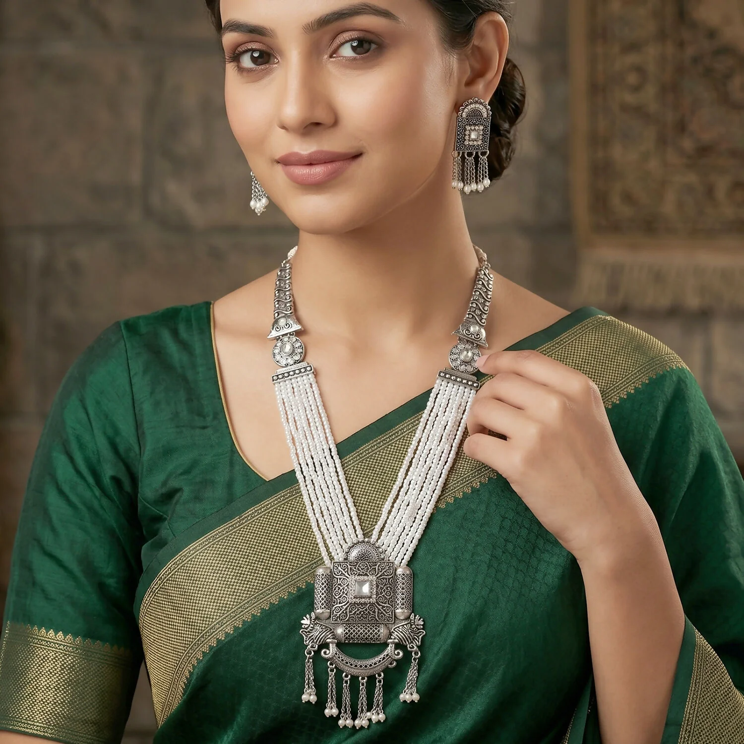 Antique Silver Beaded Necklace Set with Dangling Earrings for Traditional Celebrations - Image 3