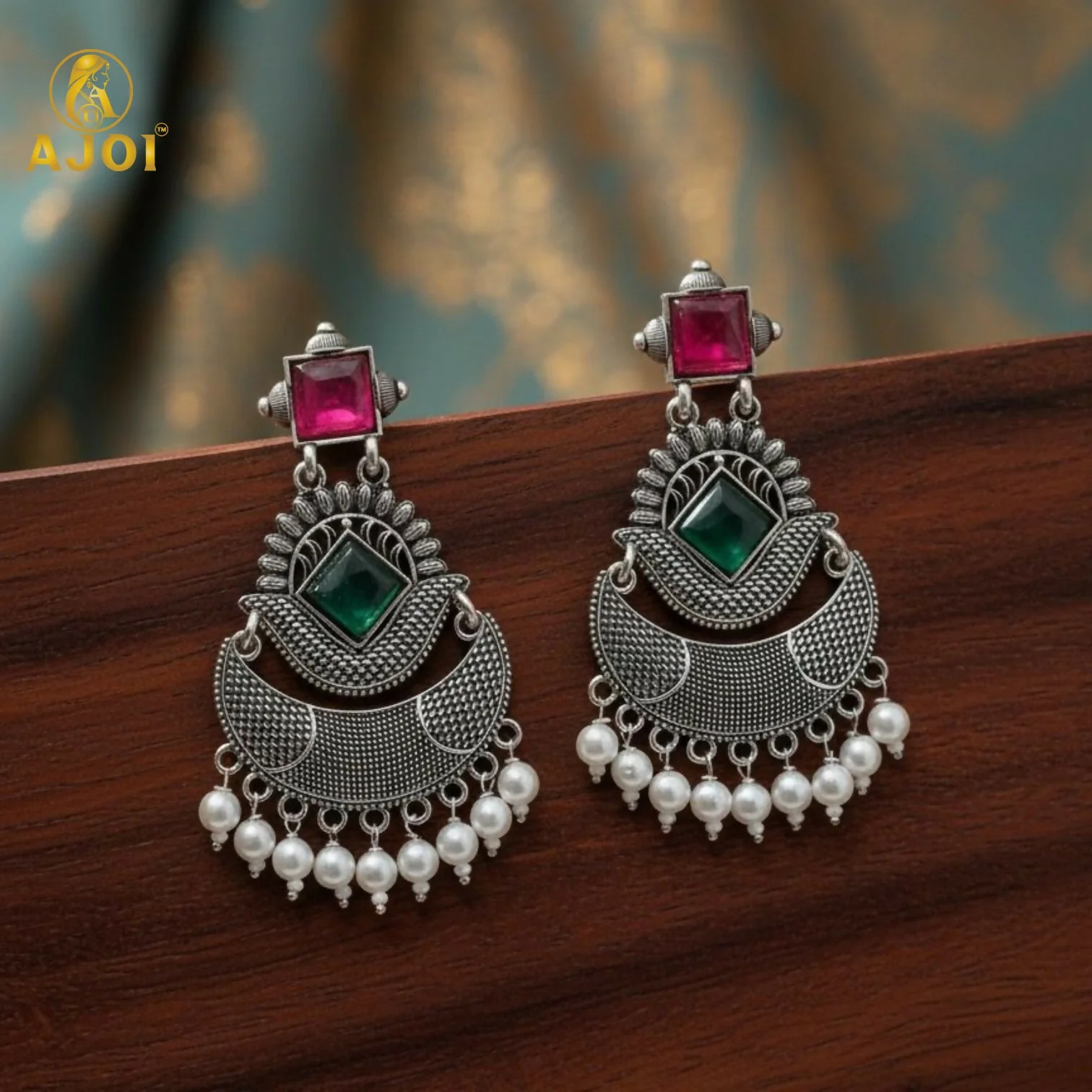 Antique Silver-Finish Chandbali Earrings with Green & Ruby-Tone Stones and Pearl Drops - Image 3