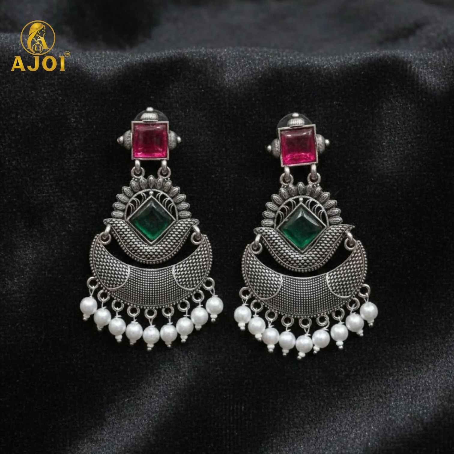 Antique Silver-Finish Chandbali Earrings with Green & Ruby-Tone Stones and Pearl Drops - Image 4