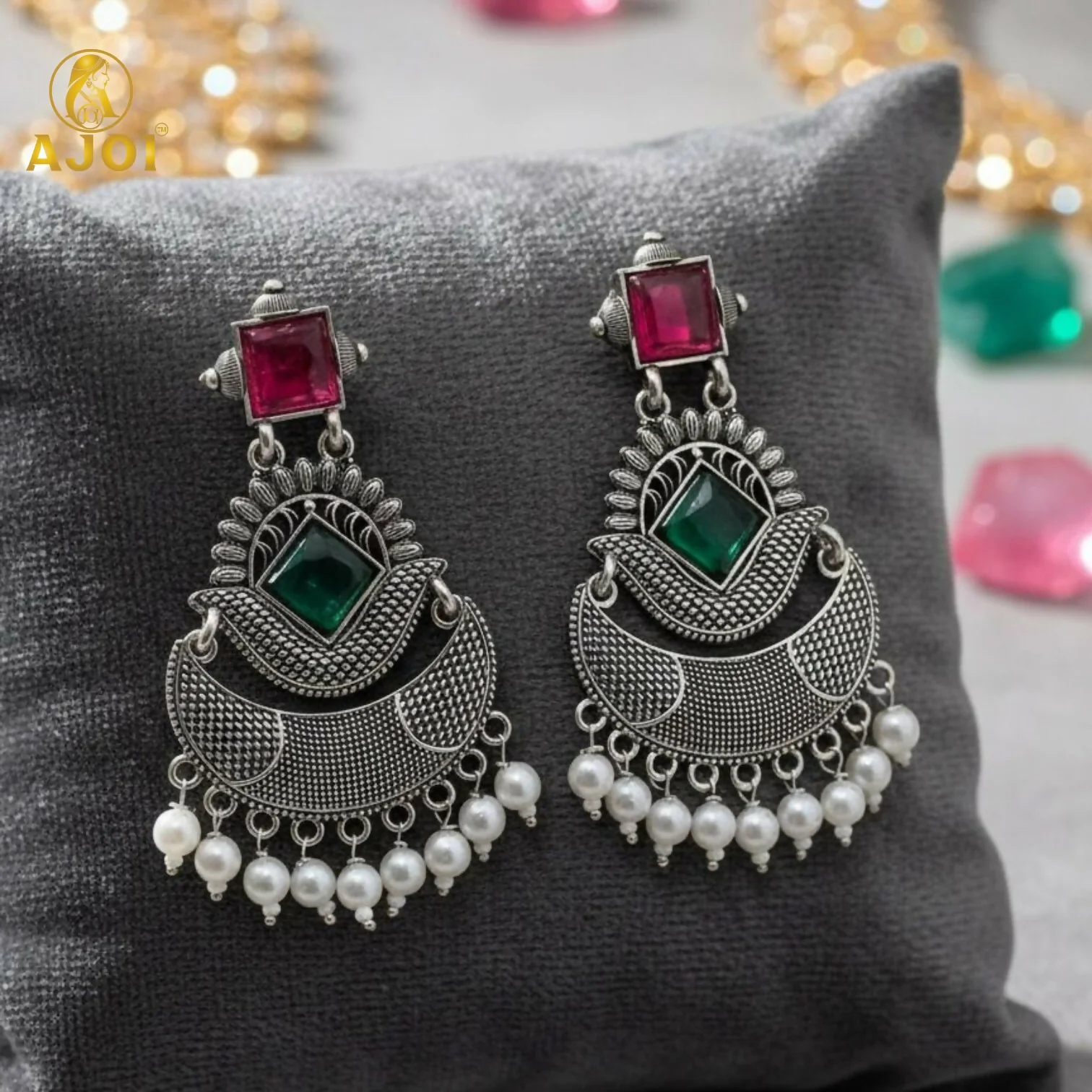 Antique Silver-Finish Chandbali Earrings with Green & Ruby-Tone Stones and Pearl Drops - Image 5