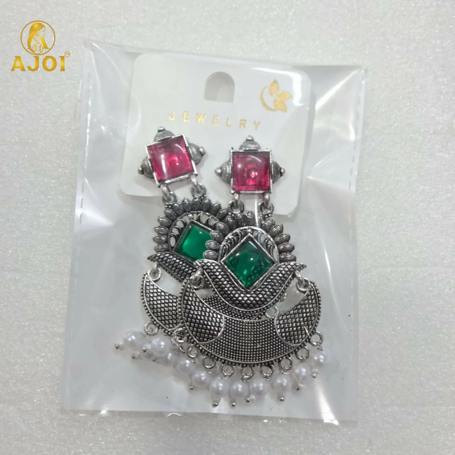 Antique Silver-Finish Chandbali Earrings with Green & Ruby-Tone Stones and Pearl Drops - Image 6