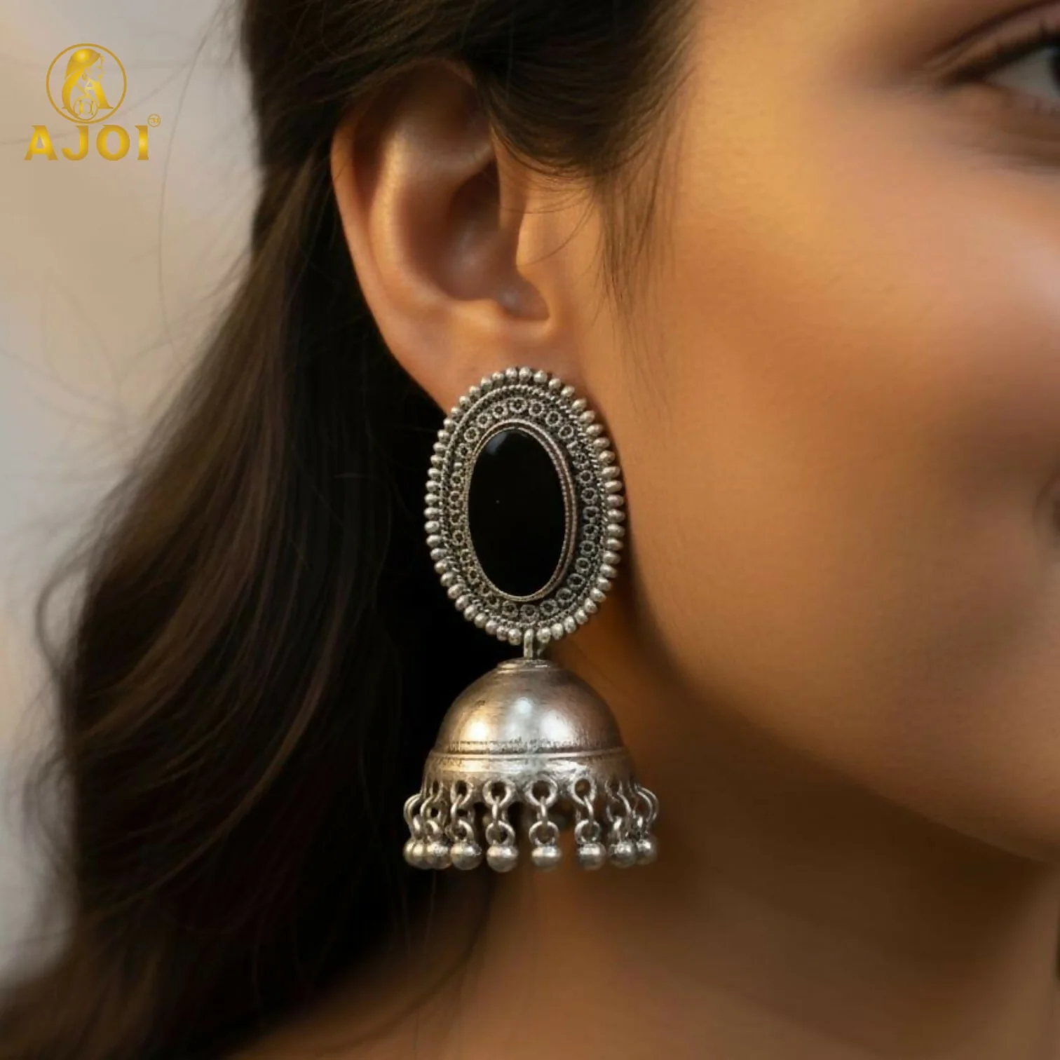 Antique Silver Mirror Jhumka Earrings - Image 2
