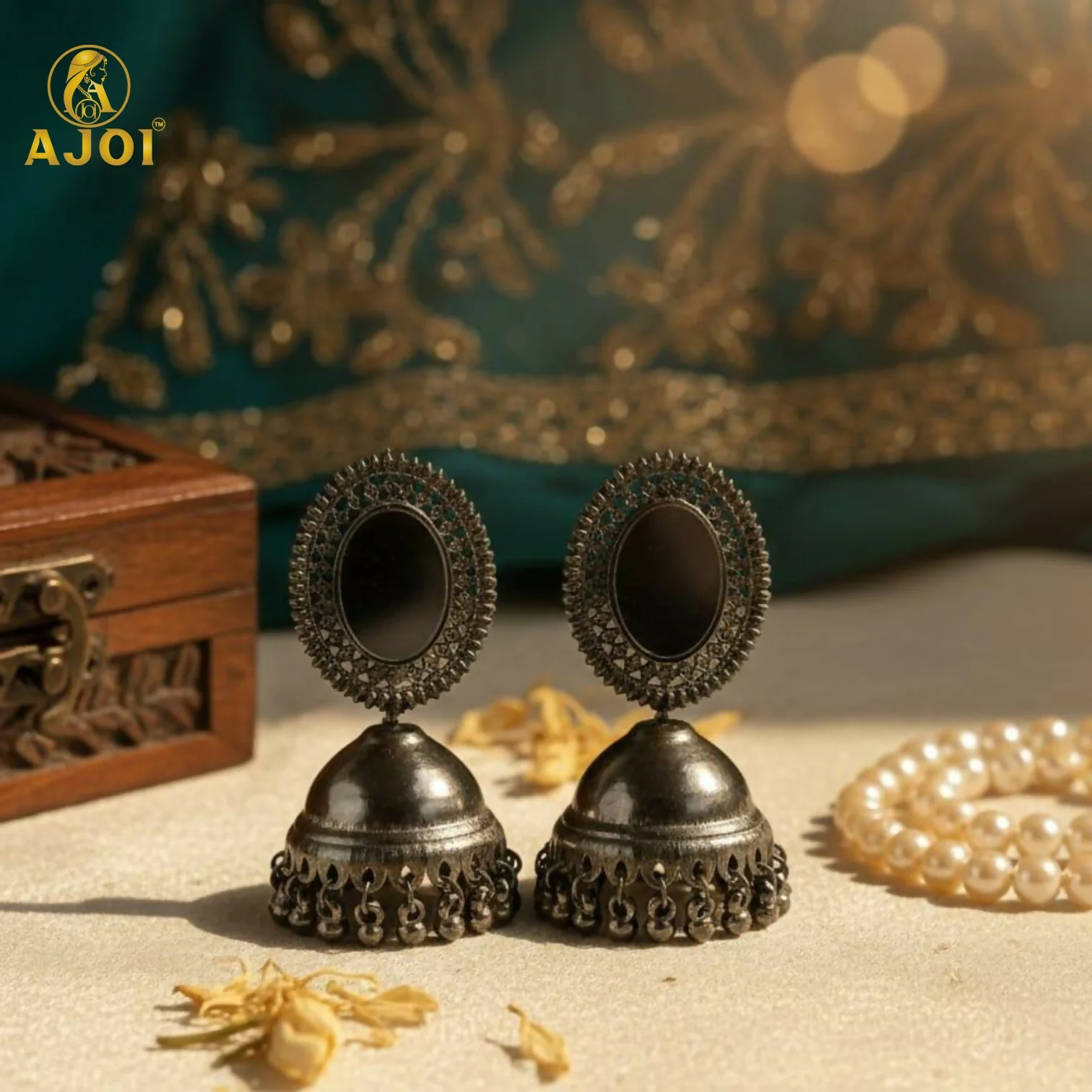 Antique Silver Mirror Jhumka Earrings - Image 3