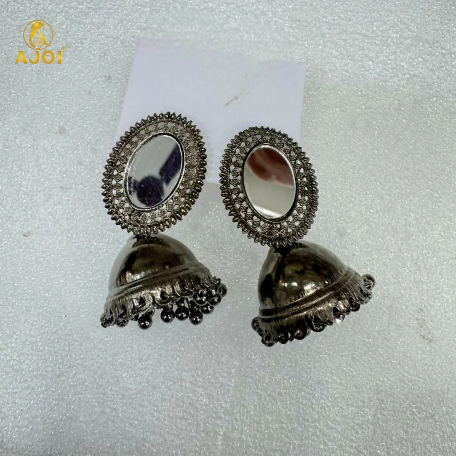 Antique Silver Mirror Jhumka Earrings - Image 5