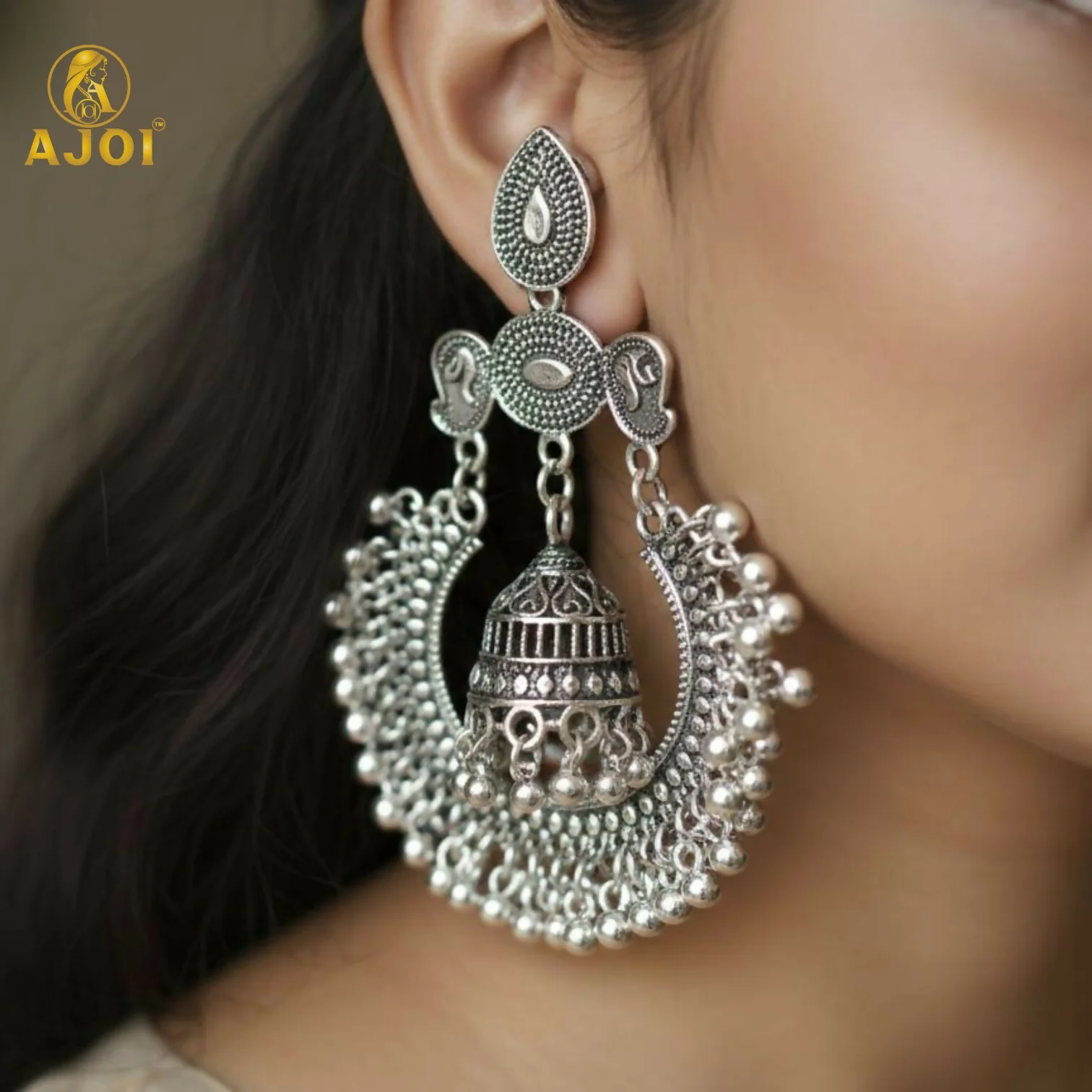 Antique Silver Oxidized Statement Chandbali Jhumka Earrings - Image 2