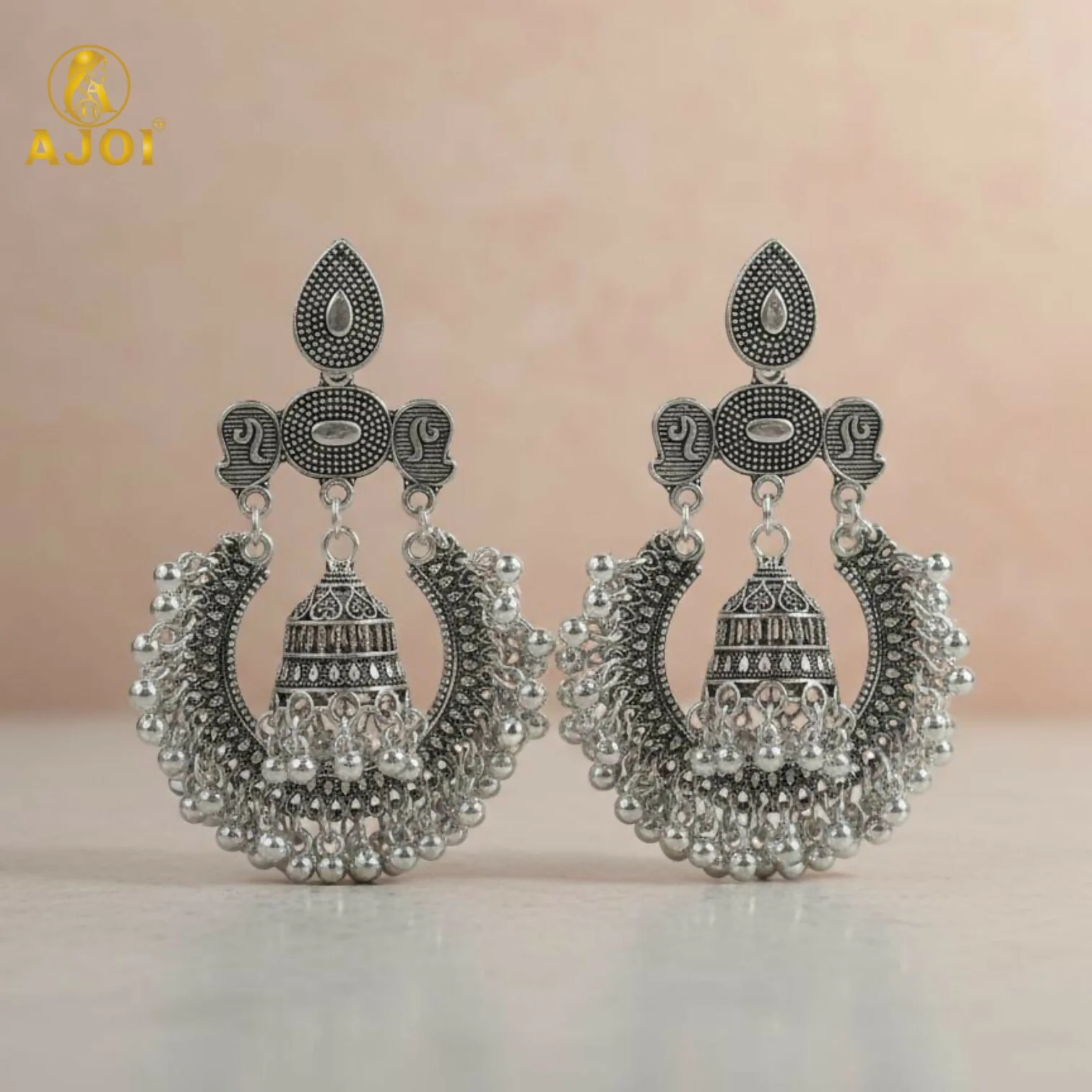 Antique Silver Oxidized Statement Chandbali Jhumka Earrings - Image 3