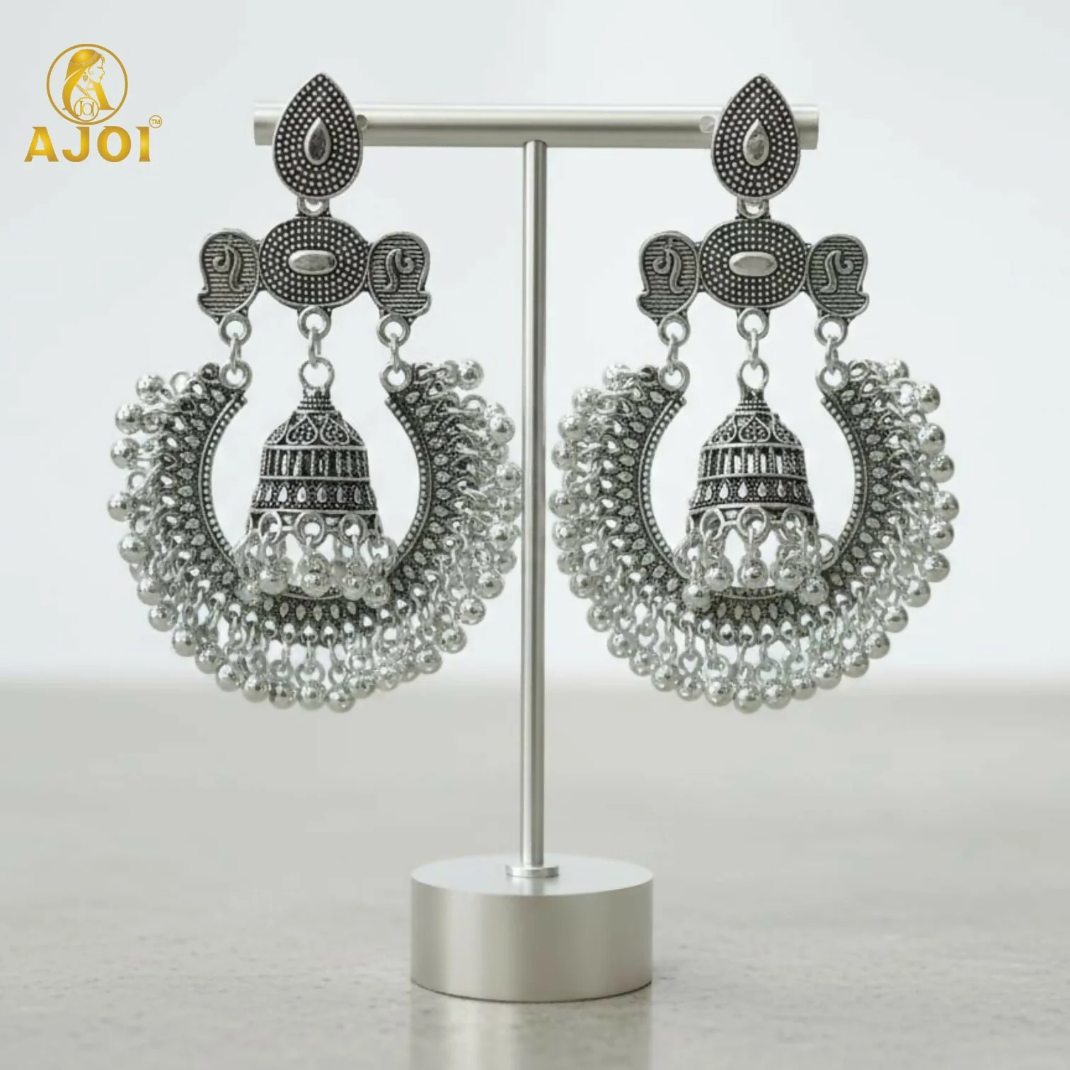Antique Silver Oxidized Statement Chandbali Jhumka Earrings - Image 4