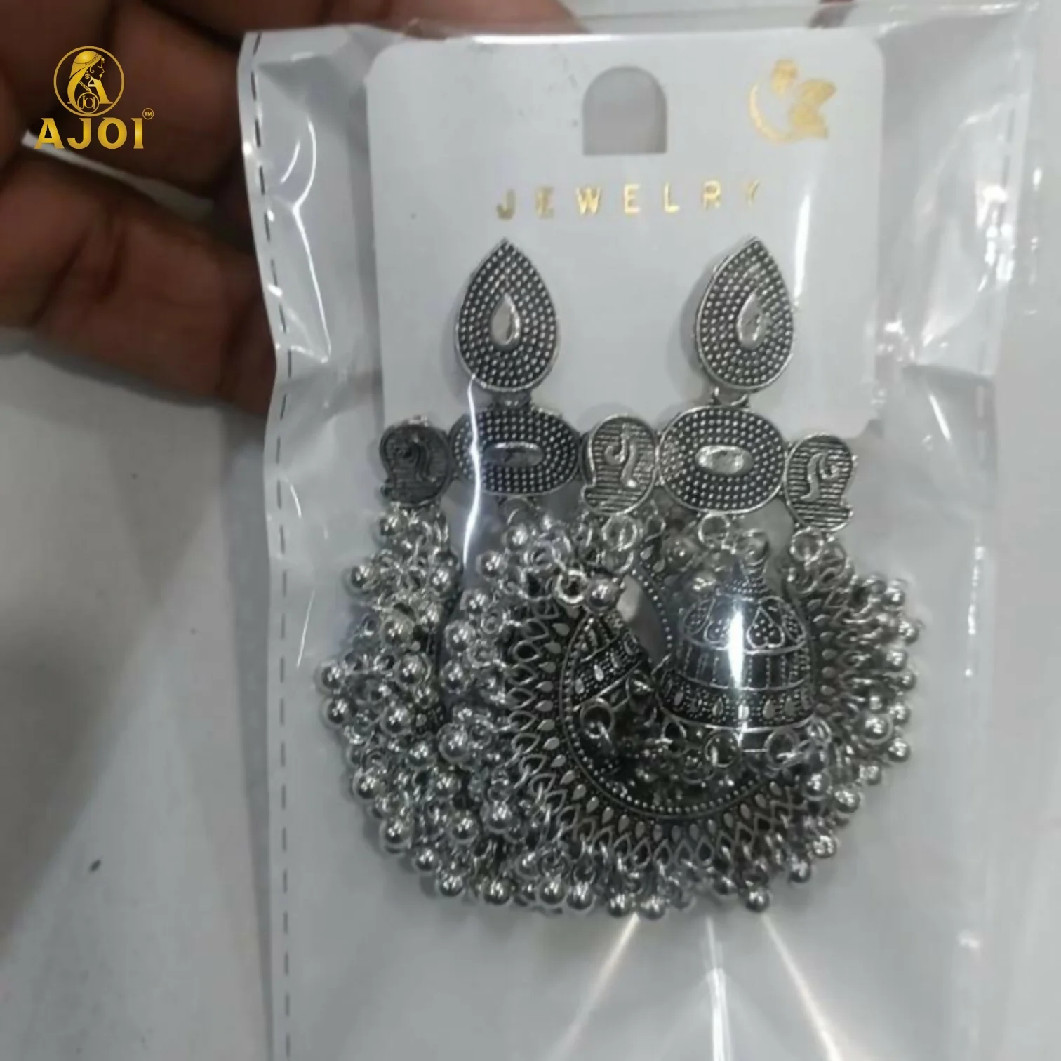 Antique Silver Oxidized Statement Chandbali Jhumka Earrings - Image 5
