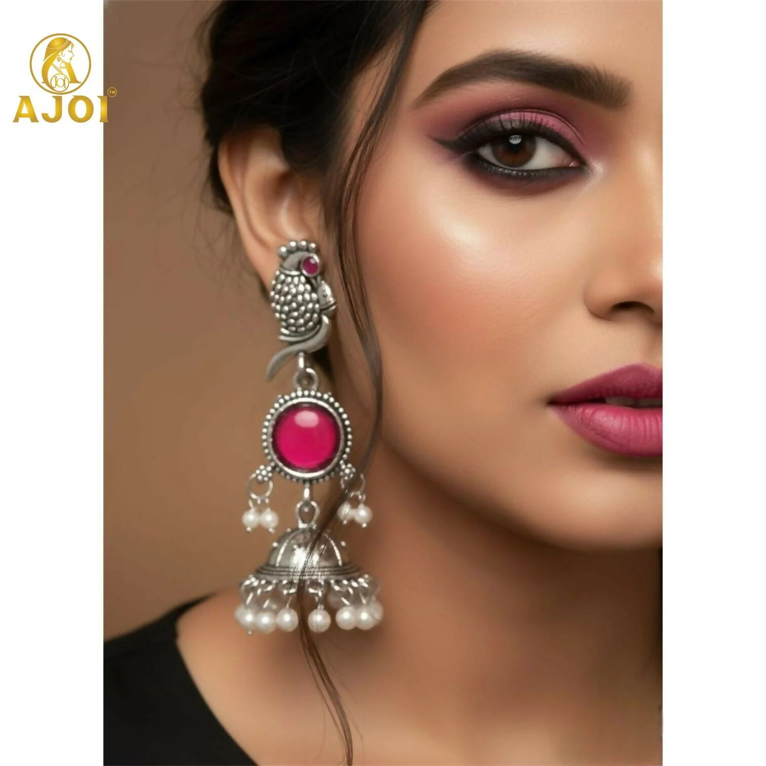 Antique Silver Peacock Jhumka Earrings with Pink Stone & Pearl Drops – Traditional Ethnic Dangle Earrings - Image 2