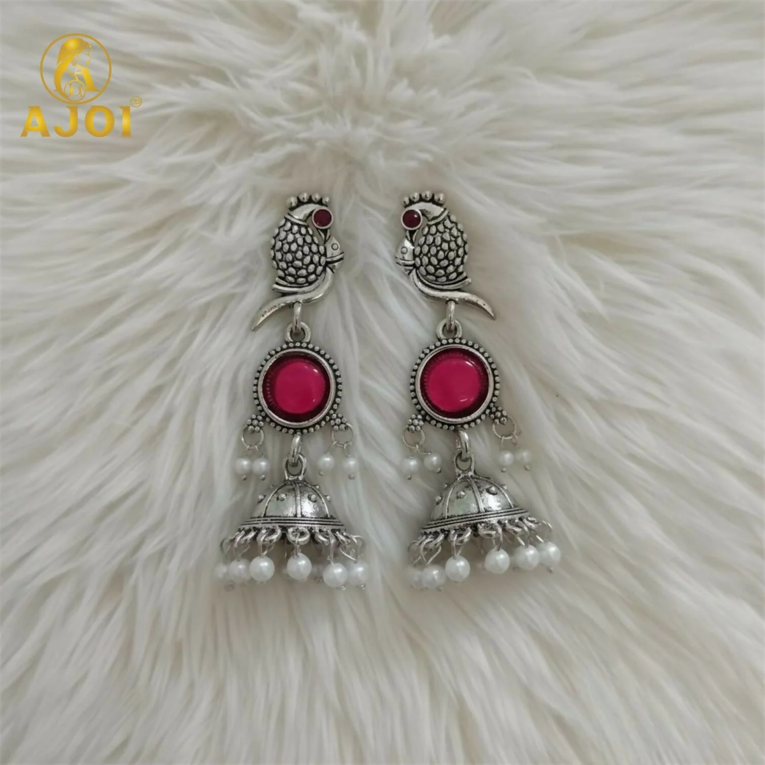 Antique Silver Peacock Jhumka Earrings with Pink Stone & Pearl Drops – Traditional Ethnic Dangle Earrings - Image 3