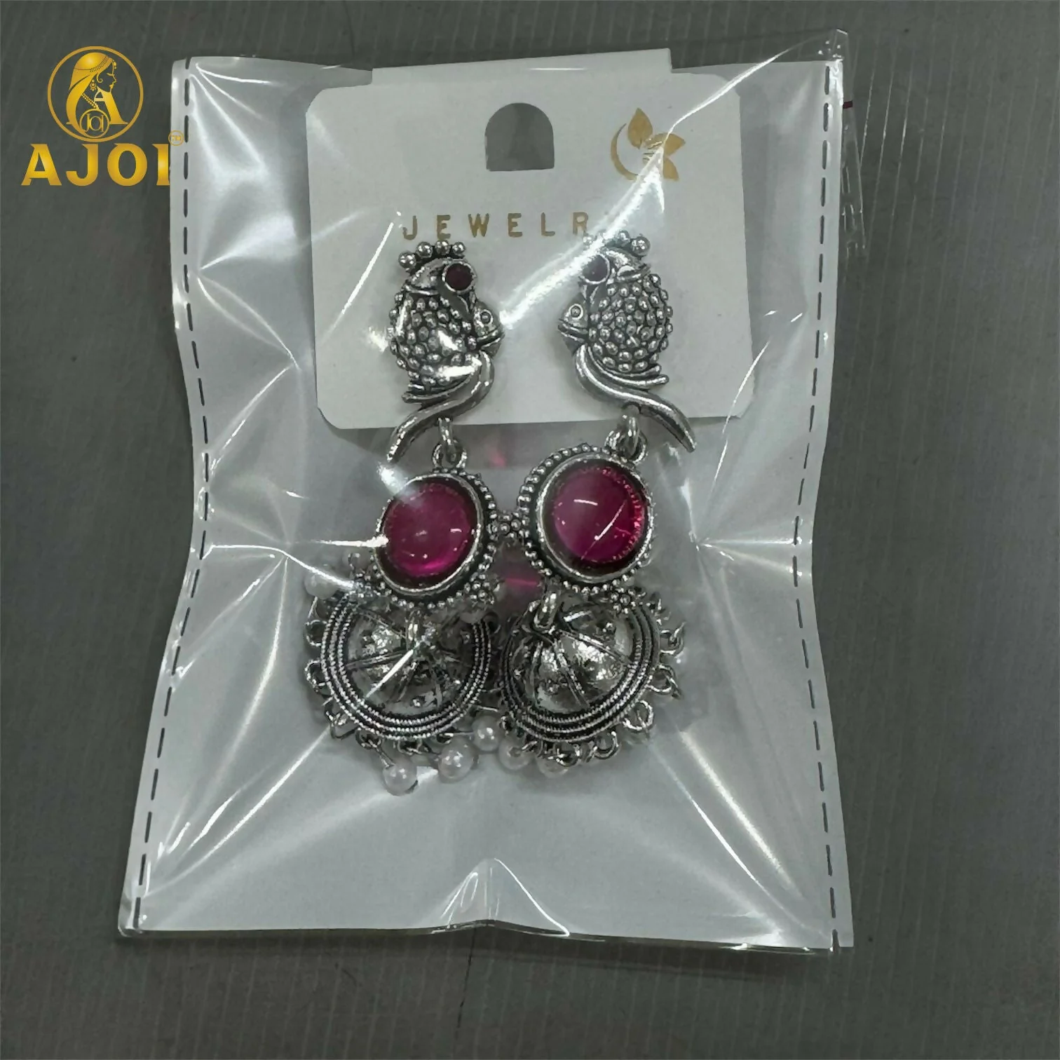 Antique Silver Peacock Jhumka Earrings with Pink Stone & Pearl Drops – Traditional Ethnic Dangle Earrings - Image 5