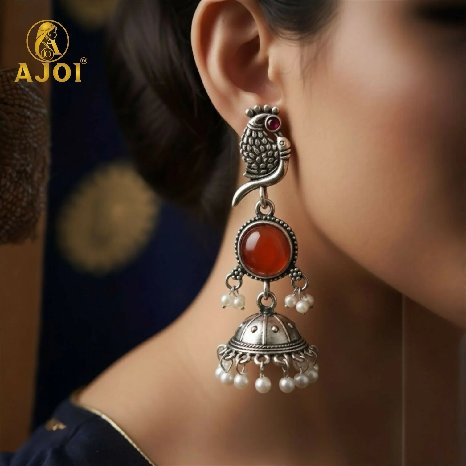 Antique Silver Peacock Jhumka Earrings with Red Stone Centerpiece & Pearl Drops - Image 2