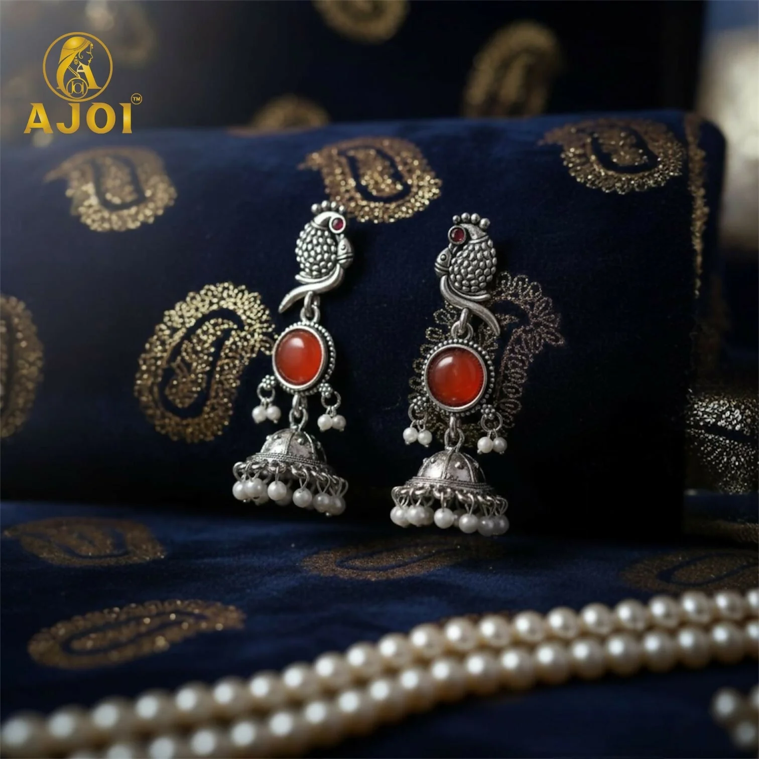 Antique Silver Peacock Jhumka Earrings with Red Stone Centerpiece & Pearl Drops - Image 4