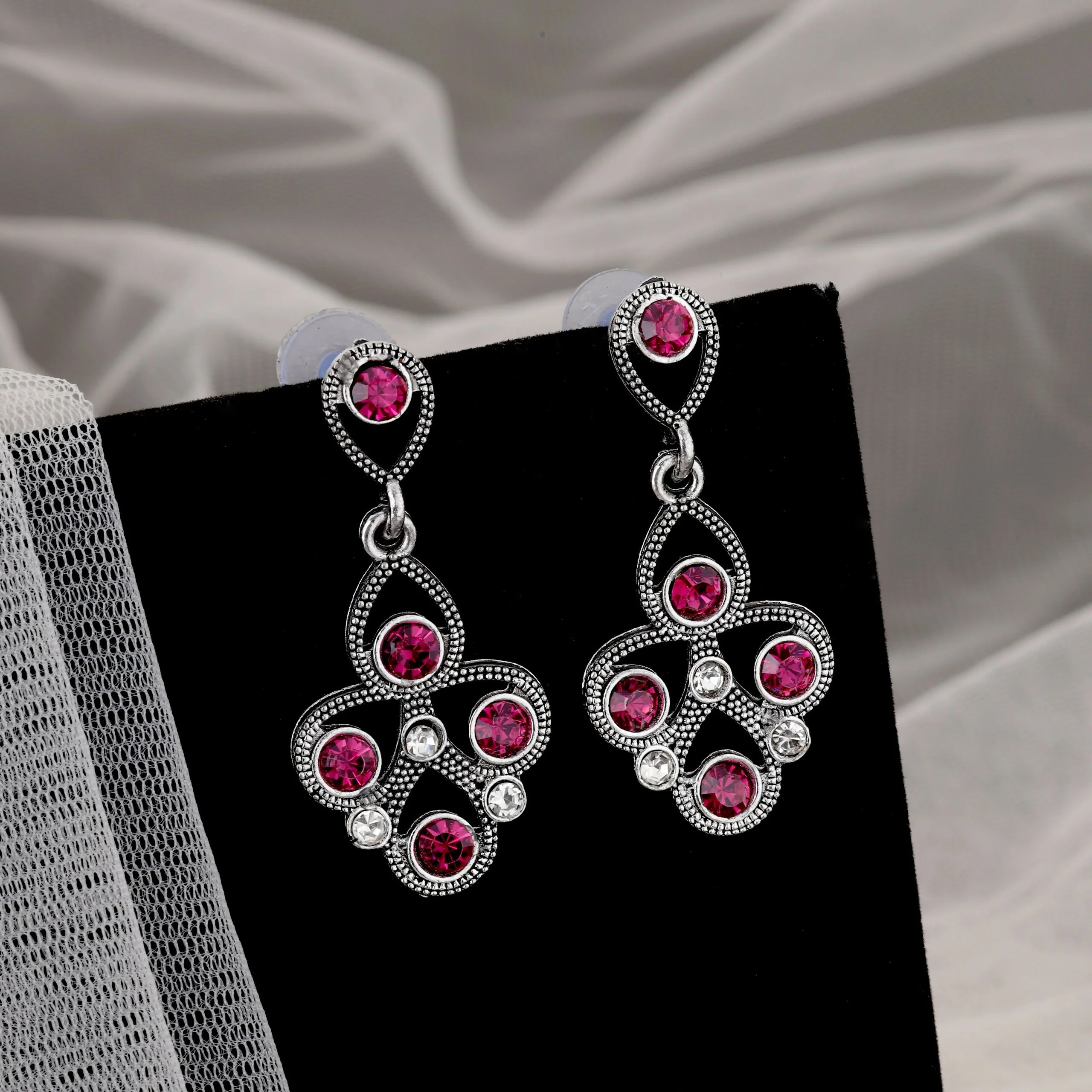 Antique Silver-Toned Choker Set with Fuchsia Pink Stones - Image 2
