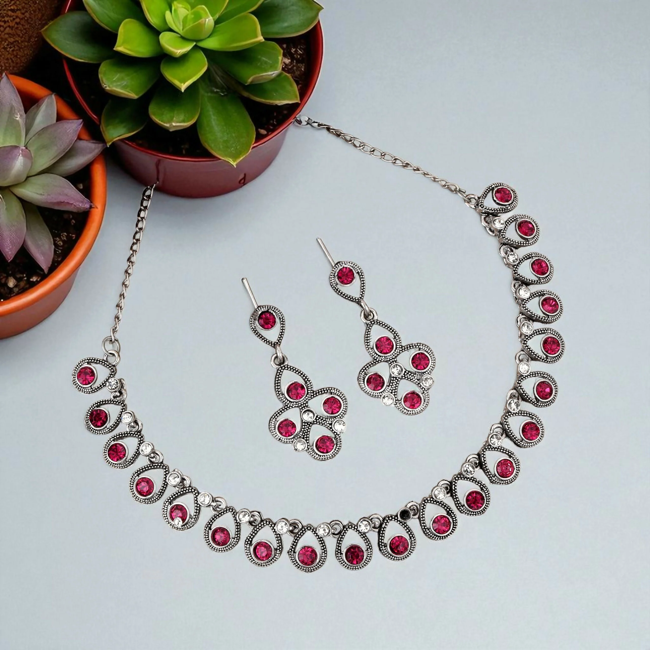 Antique Silver-Toned Choker Set with Fuchsia Pink Stones - Image 3