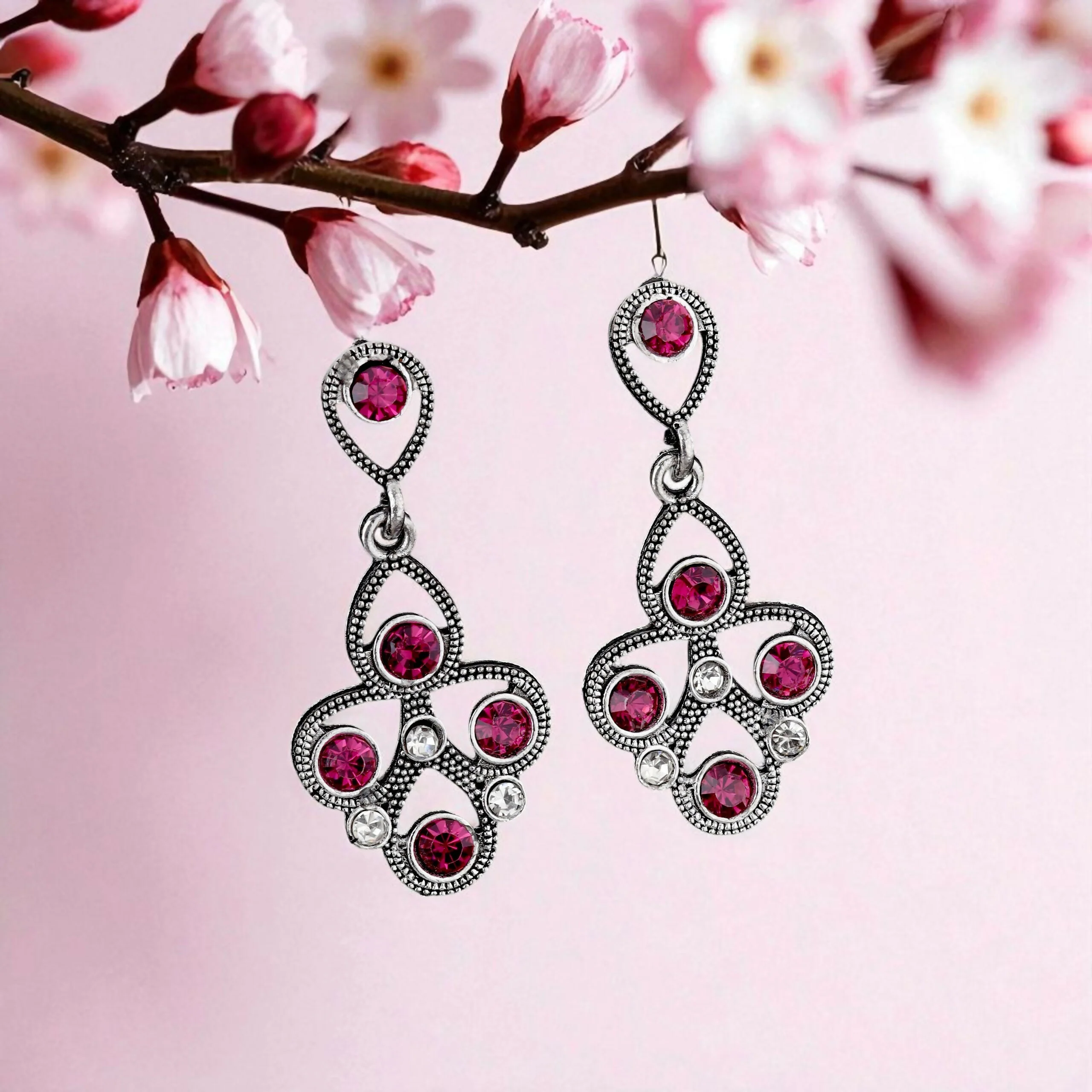 Antique Silver-Toned Choker Set with Fuchsia Pink Stones - Image 4