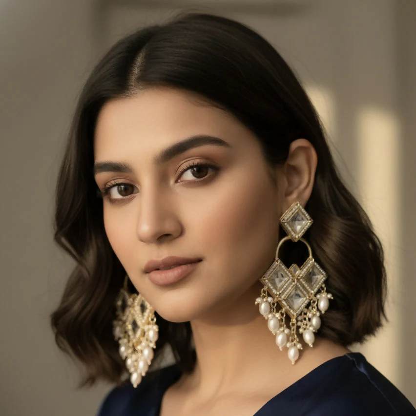 Antique Silver-Toned Floral Kundan Chandbali Jhumka Earrings with Seed Pearl Clusters - Image 2