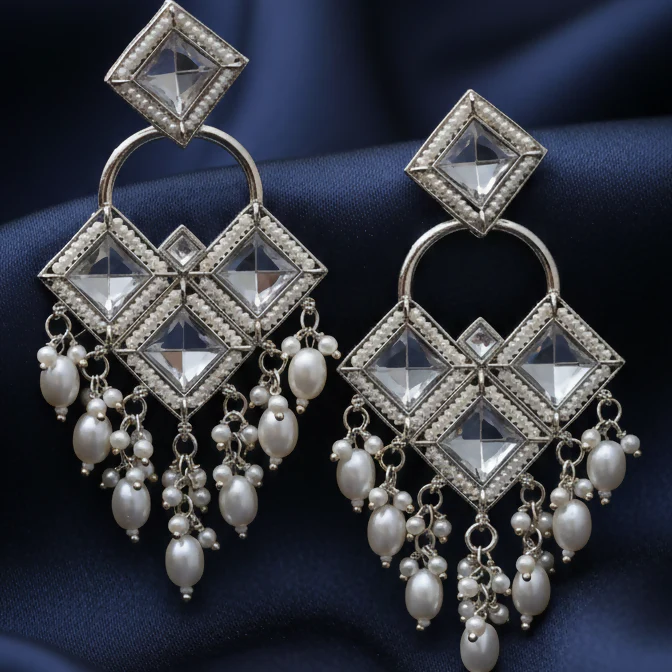 Antique Silver-Toned Floral Kundan Chandbali Jhumka Earrings with Seed Pearl Clusters - Image 3