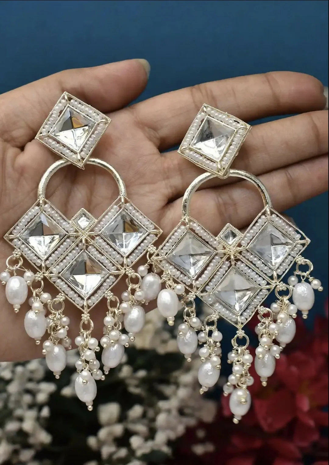 Antique Silver-Toned Floral Kundan Chandbali Jhumka Earrings with Seed Pearl Clusters - Image 4
