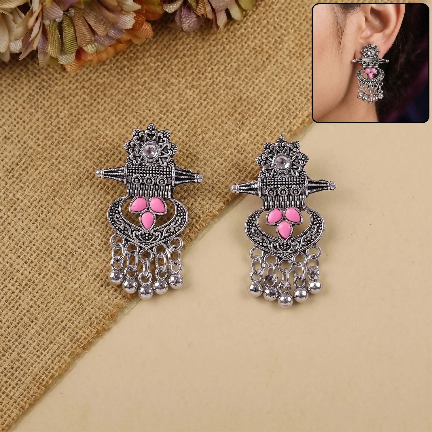 Antique Silver Tribal Dangle Earrings with Pink Enamel/Stone Accents for Women