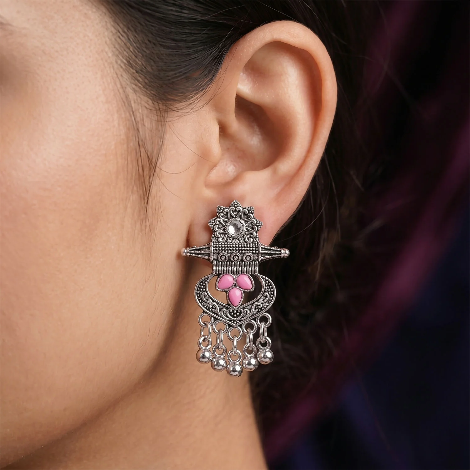 Antique Silver Tribal Dangle Earrings with Pink Enamel/Stone Accents for Women - Image 2