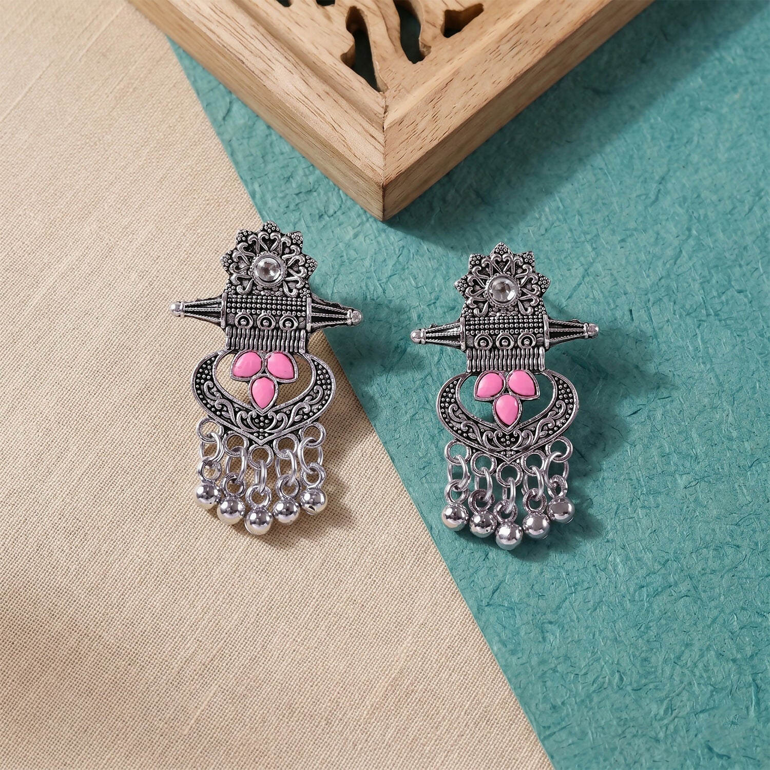 Antique Silver Tribal Dangle Earrings with Pink Enamel/Stone Accents for Women - Image 3
