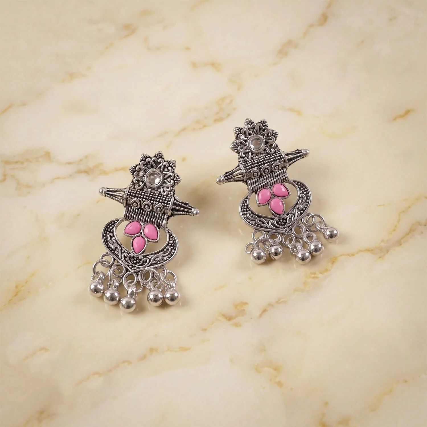 Antique Silver Tribal Dangle Earrings with Pink Enamel/Stone Accents for Women - Image 4