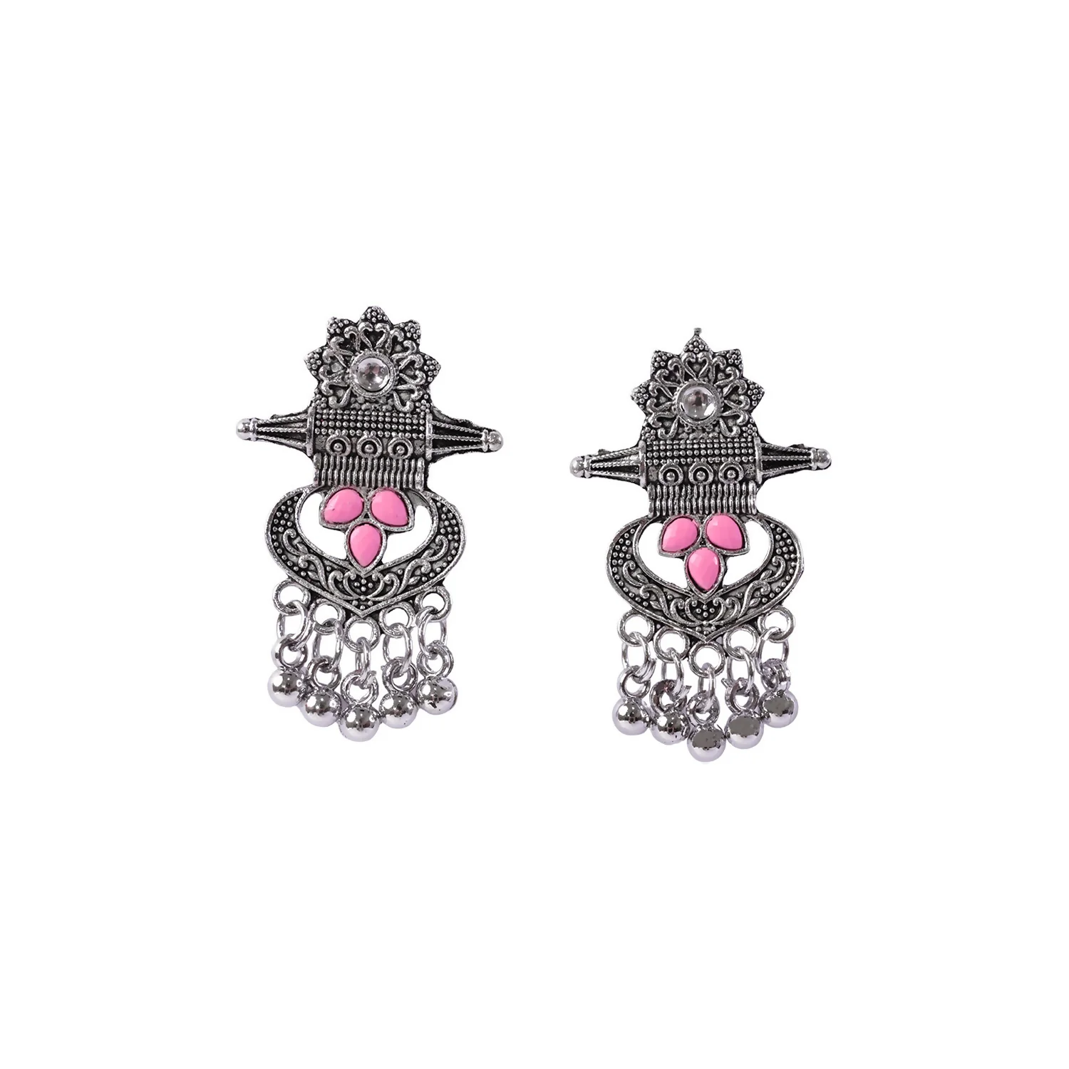 Antique Silver Tribal Dangle Earrings with Pink Enamel/Stone Accents for Women - Image 6