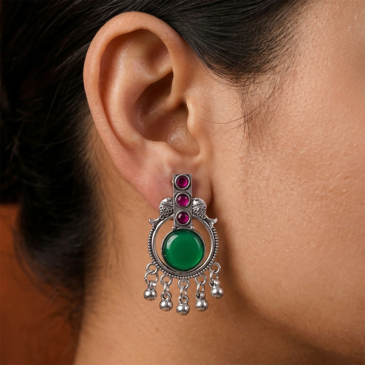 Antique Silver Vertical Drop Earrings with Green Center Stone & Pink Accents | Festive Wear - Image 2