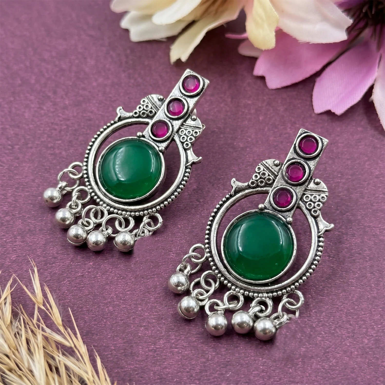 Antique Silver Vertical Drop Earrings with Green Center Stone & Pink Accents | Festive Wear - Image 3