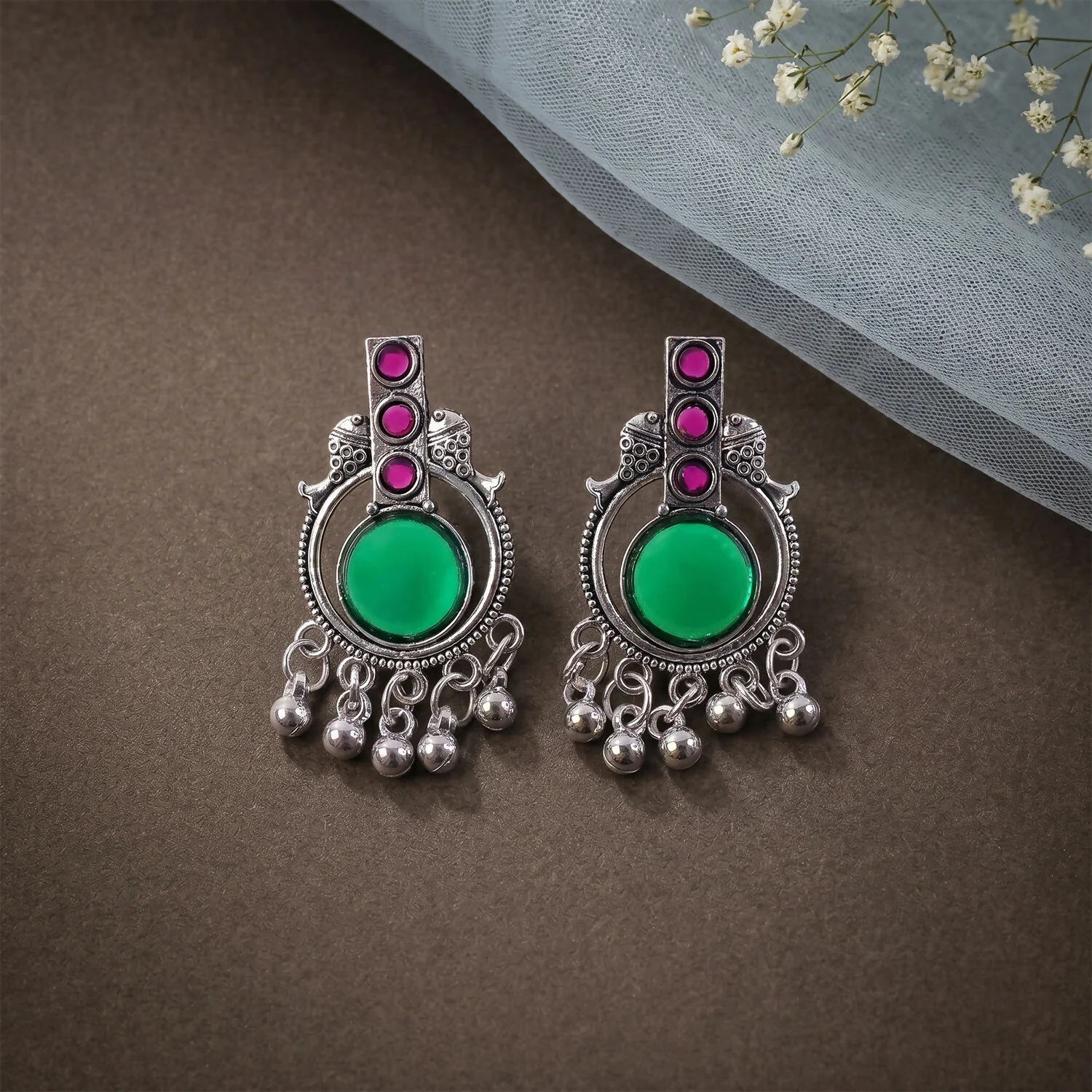 Antique Silver Vertical Drop Earrings with Green Center Stone & Pink Accents | Festive Wear - Image 4