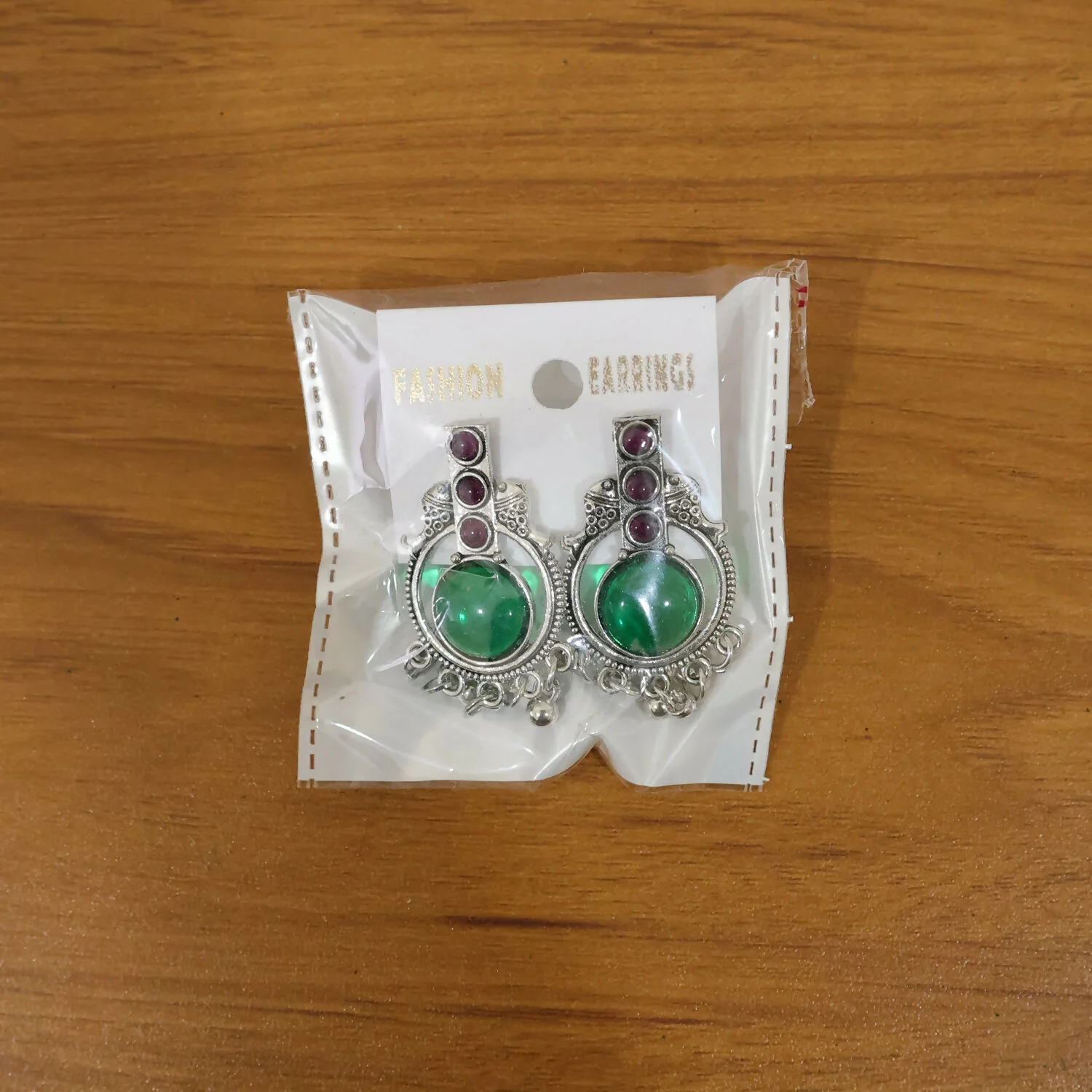 Antique Silver Vertical Drop Earrings with Green Center Stone & Pink Accents | Festive Wear - Image 5