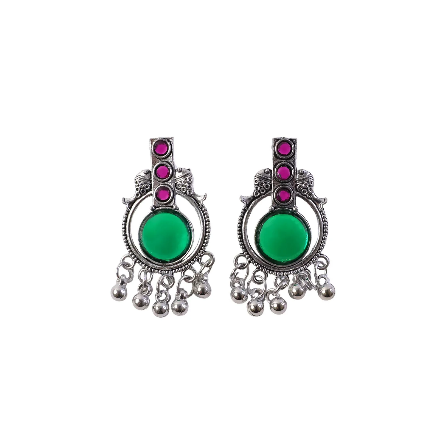 Antique Silver Vertical Drop Earrings with Green Center Stone & Pink Accents | Festive Wear - Image 6