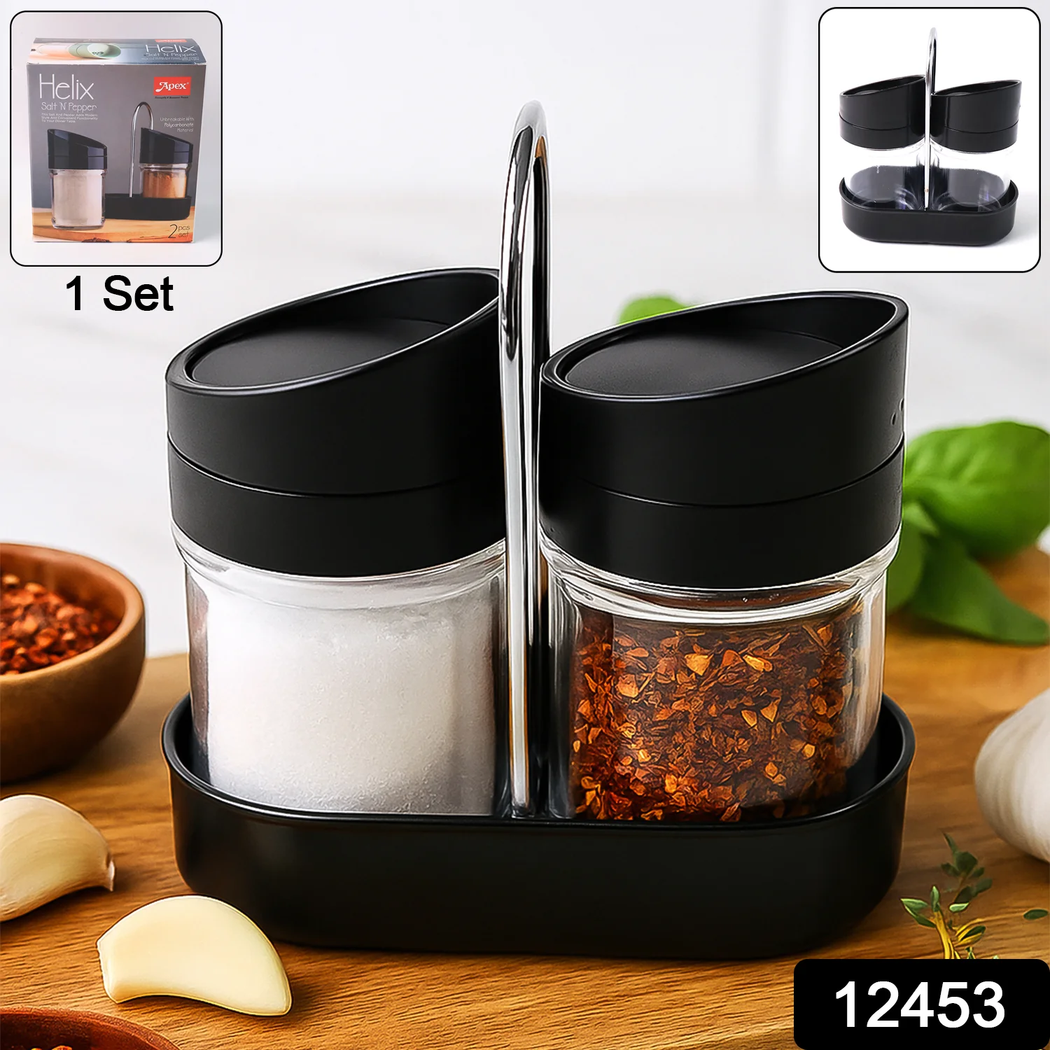 Apex Helix Salt N' Pepper 2-Piece Plastic Jar Set with Stand - Image 2