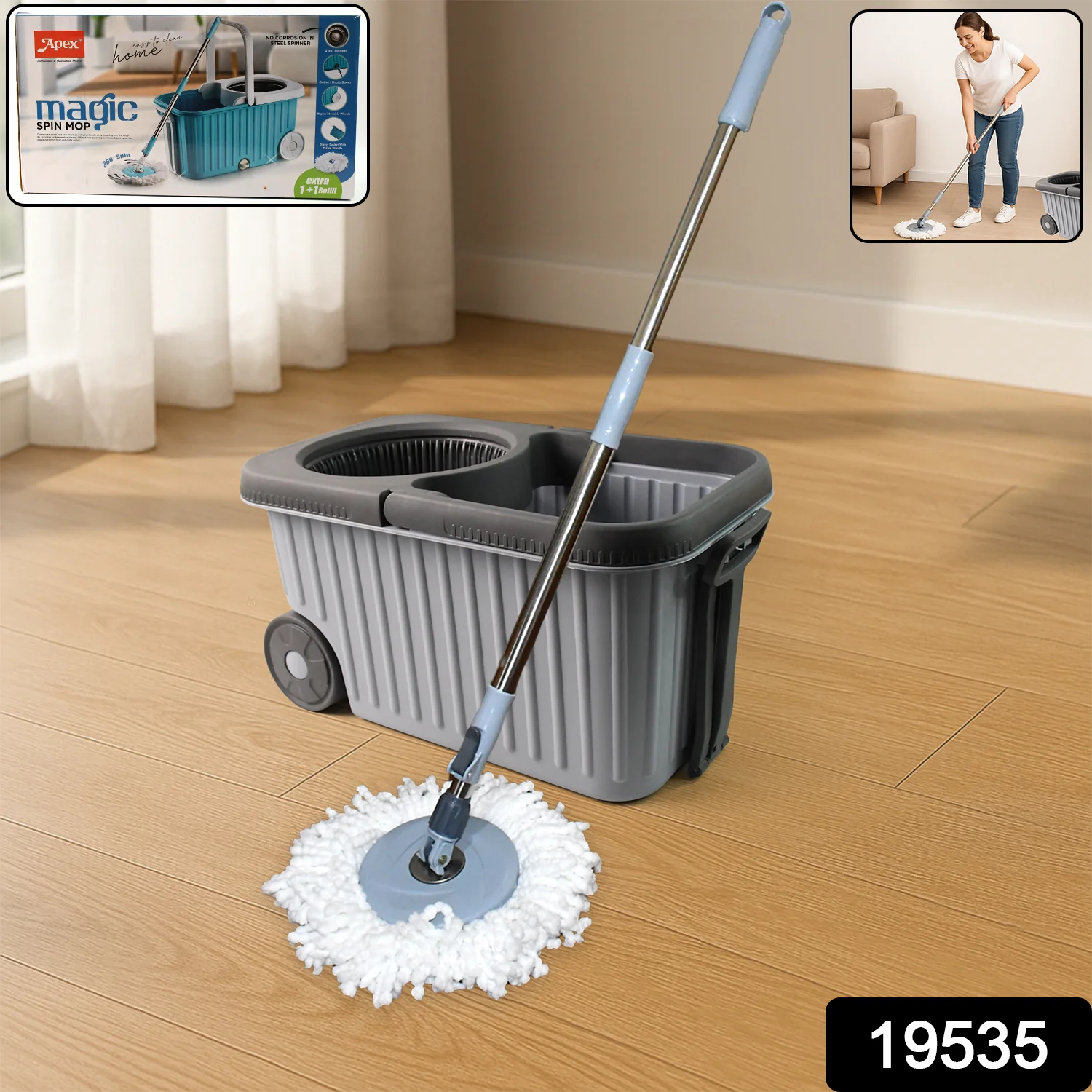 Apex Magic Spin Mop Cleaning Set with Dual Chamber Bucket & Wheels - Image 2