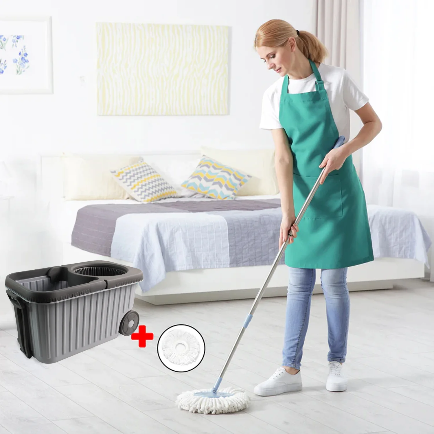 Apex Magic Spin Mop Cleaning Set with Dual Chamber Bucket & Wheels - Image 5