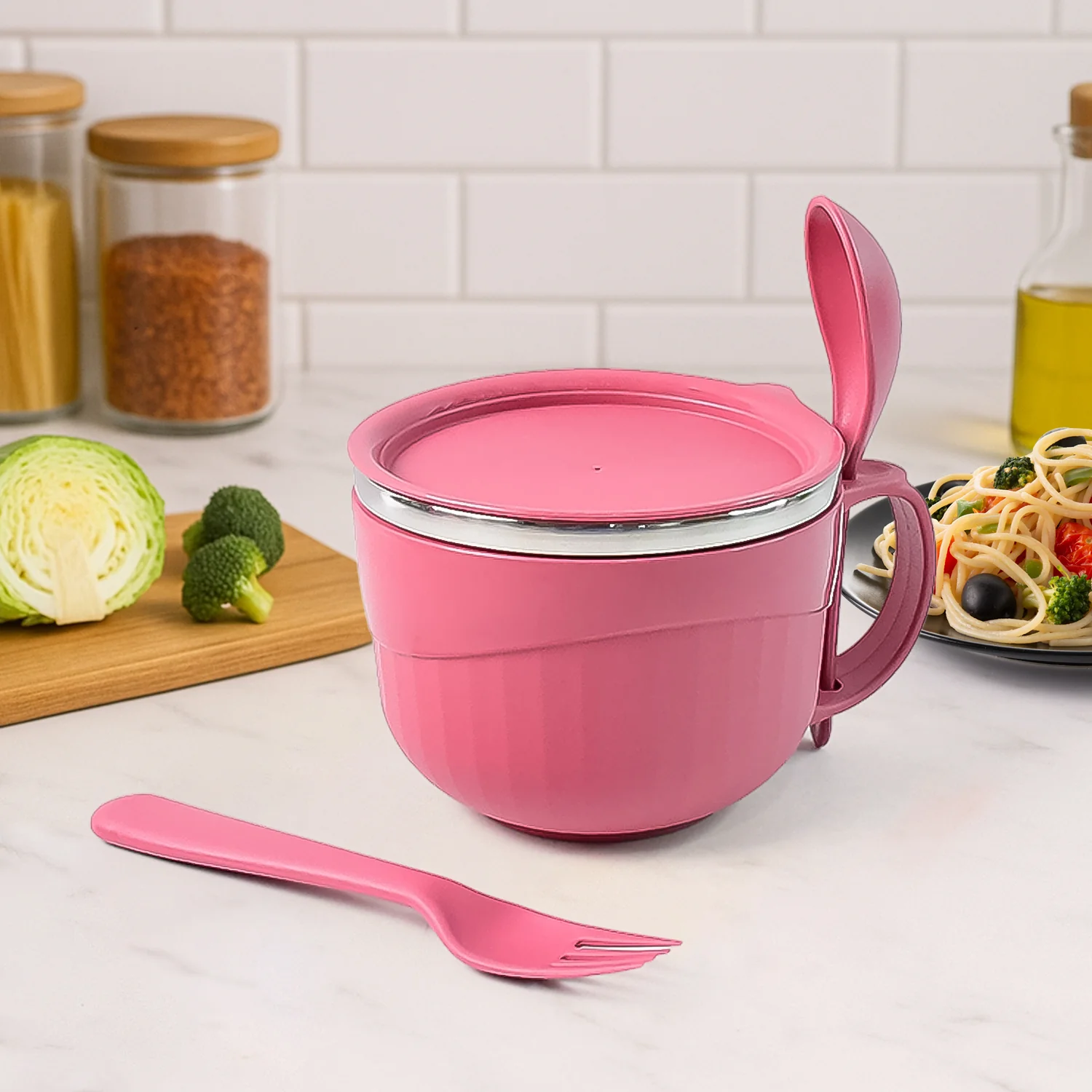 Apex Premium 700 ML Multipurpose Noodle Bowl with Handle, Lid and Fork