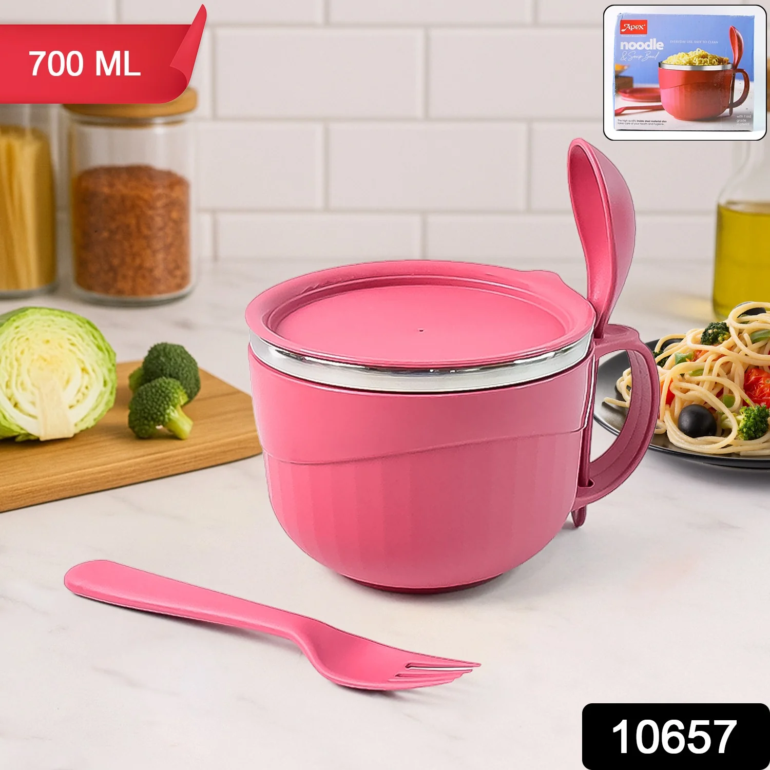 Apex Premium 700 ML Multipurpose Noodle Bowl with Handle, Lid and Fork - Image 2
